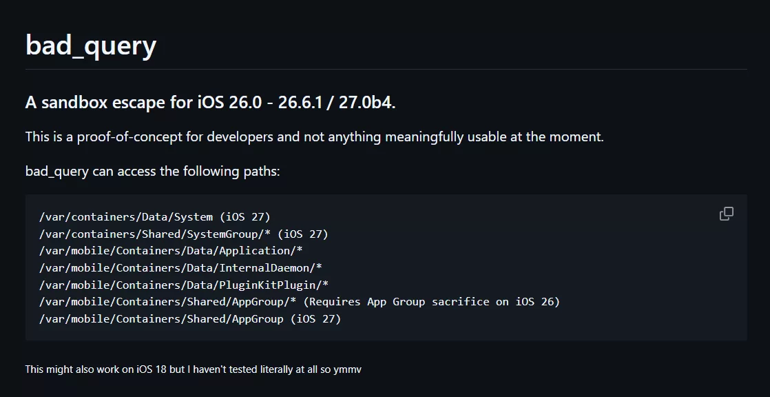 bad_query: PoC sandbox escape trên iOS 26 và iOS 27